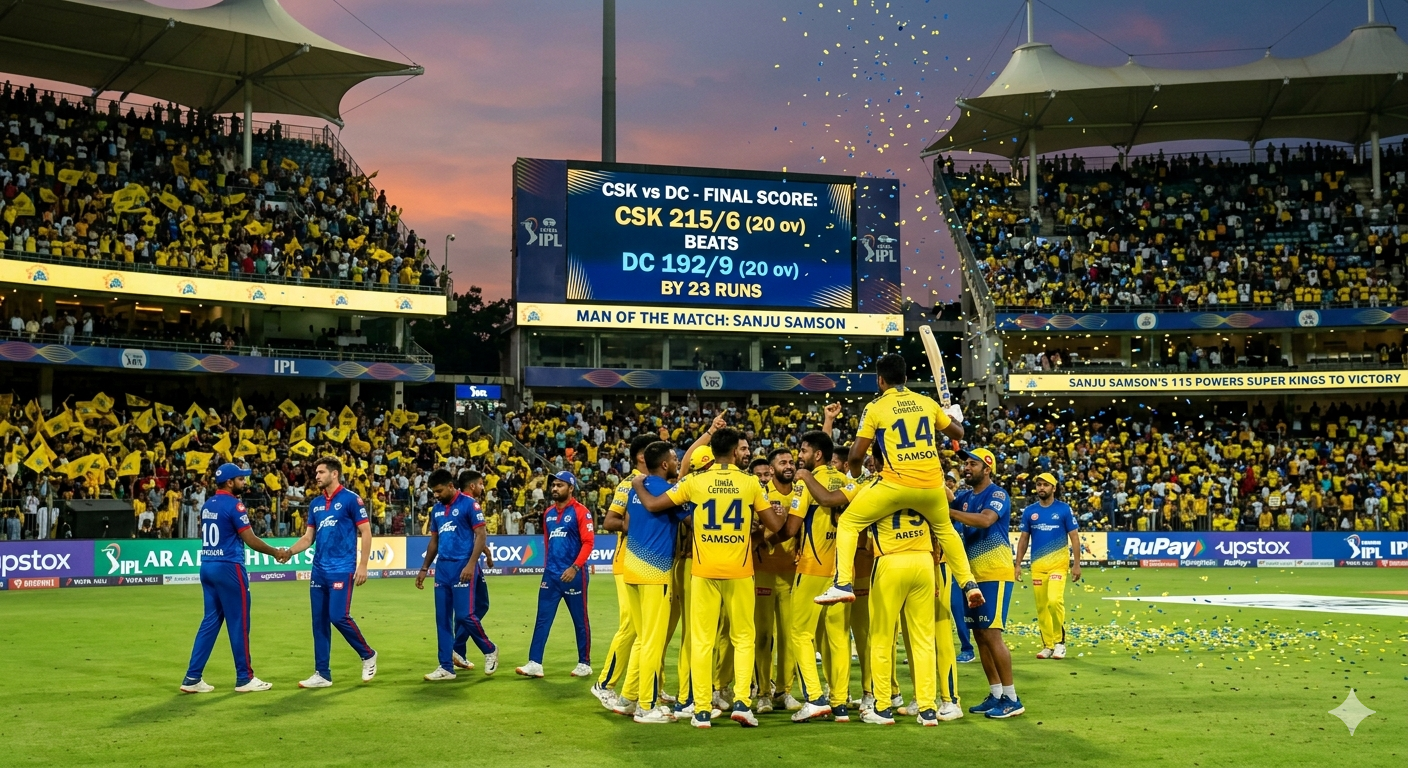 CSK Beats DC by 23 Runs — Sanju Samson's 115 Powers Super Kings