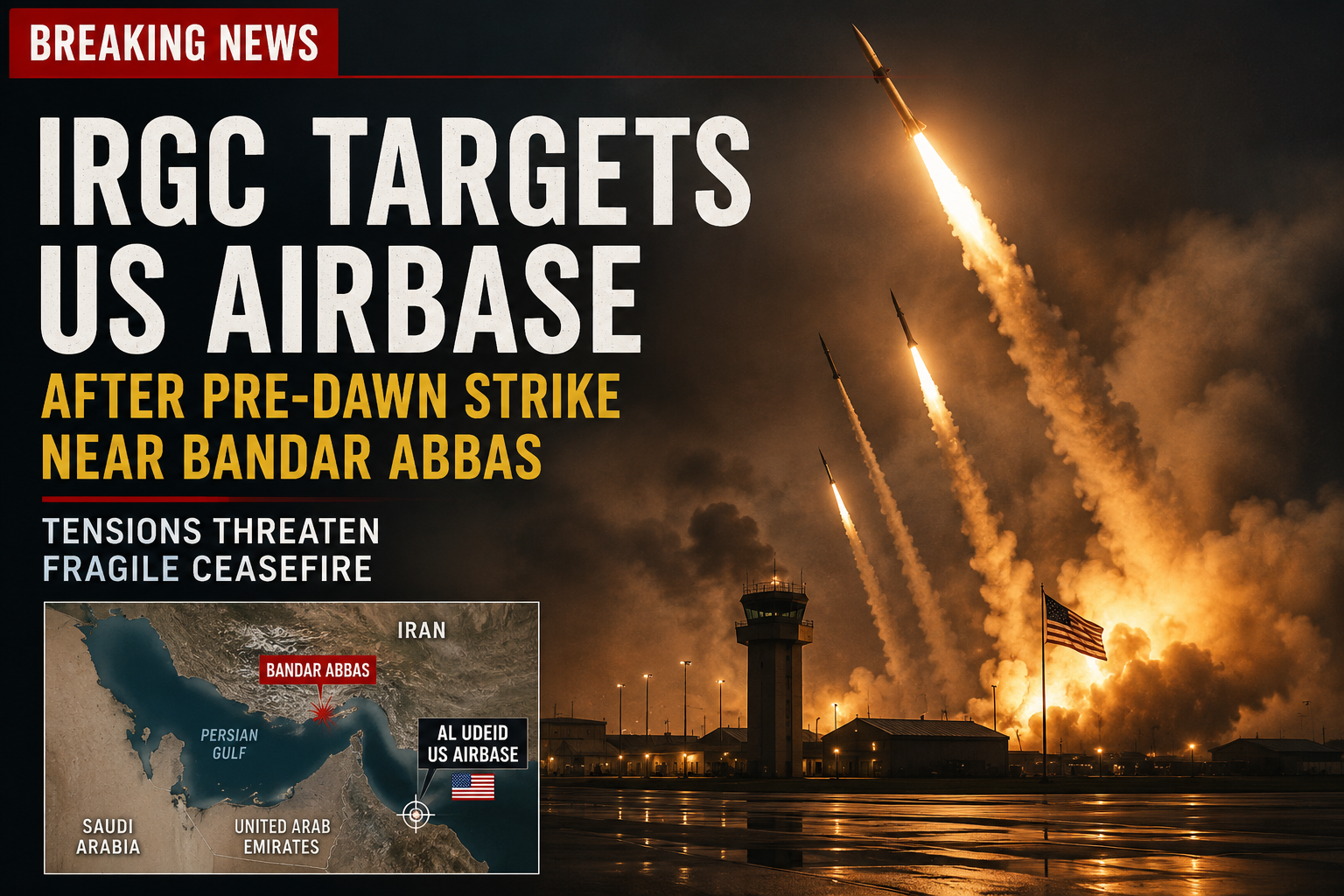 IRGC Targets US Airbase After Pre-Dawn Strike Near Bandar Abbas — Tensions Threaten Fragile Ceasefire